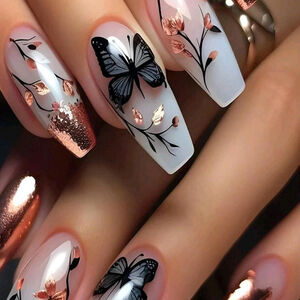 24Pcs Long Coffin Pink French Gradient Glitter Nails Flower Butterfly Set sh